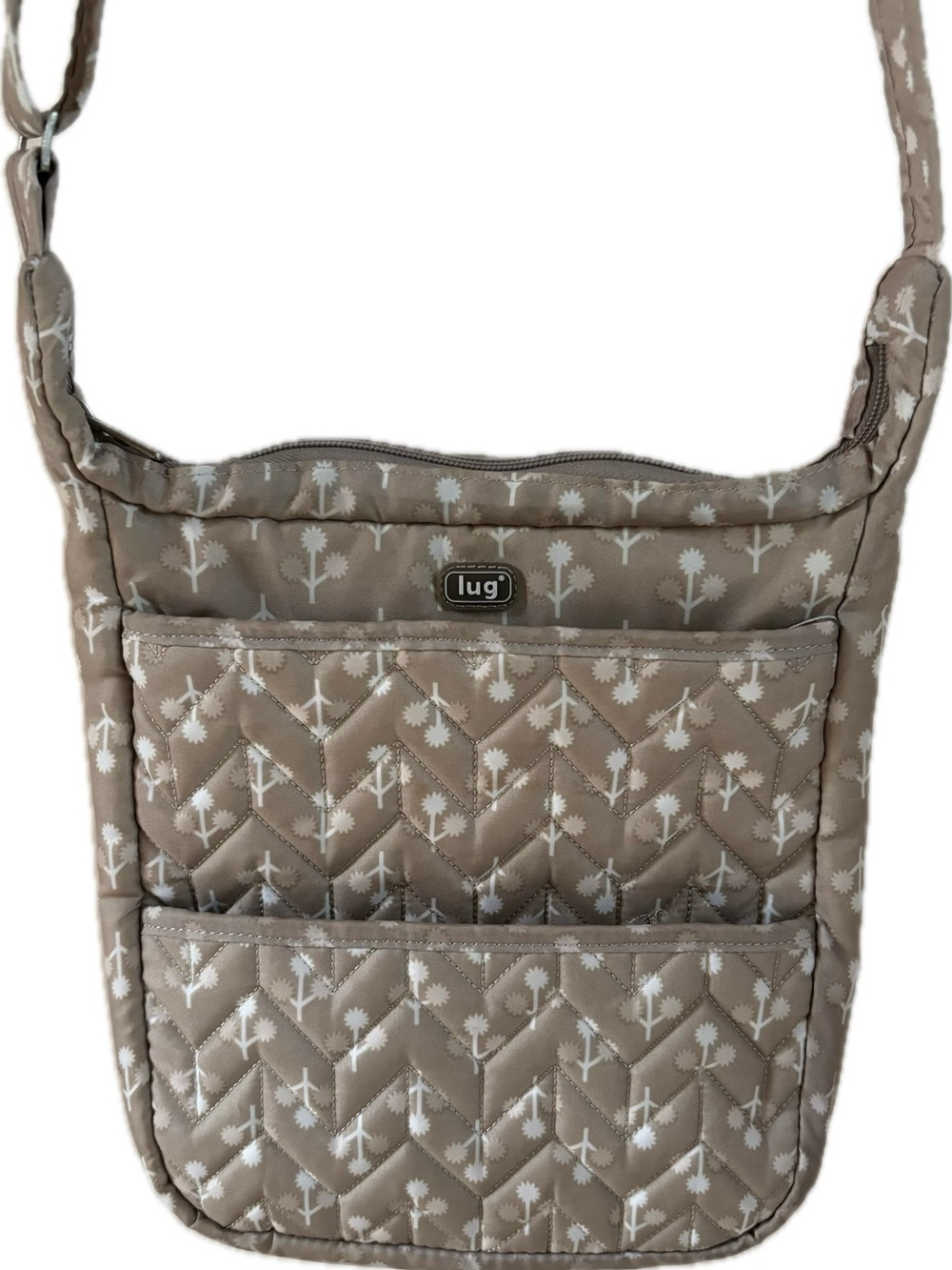Lug Quilted Crossbody Bag in Taupe with White Floral Motif